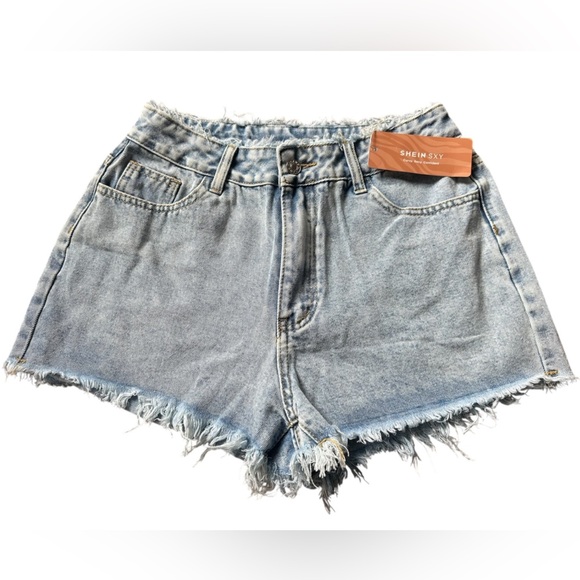 Shein Women’s Light Wash High Rise Raw Frayed Hem Denim Shorts Size 28 - Picture 1 of 5